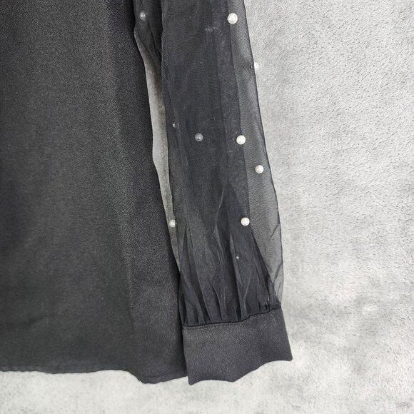 Women's Black Blouse Top With Sheer Pearl-Embellished Sleeves Round Neck S - Picture 3 of 10